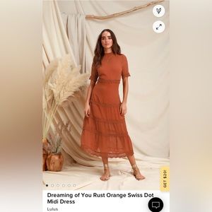 Lulus Dreaming of You Rust Orange Swiss Dot Midi Dress